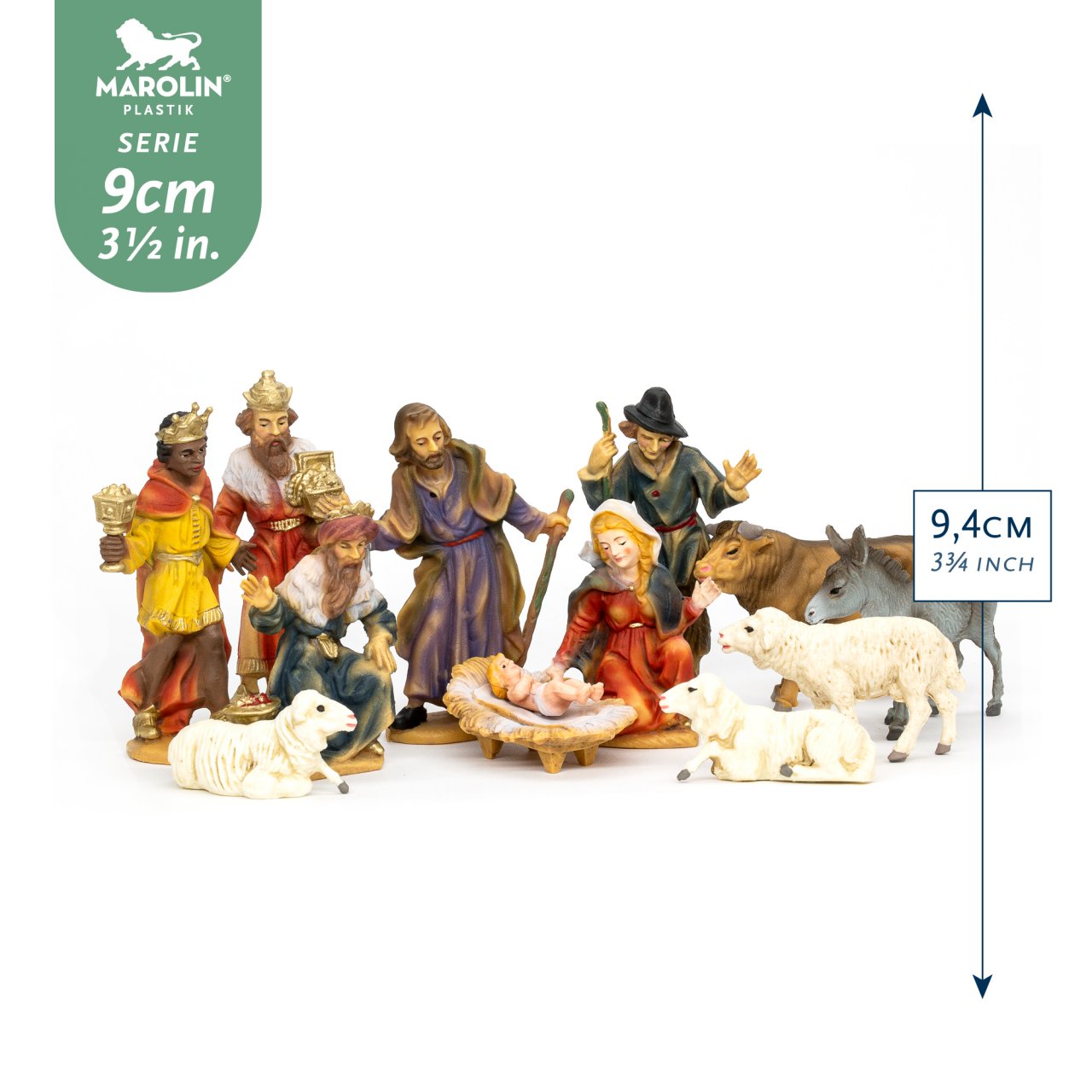 Twelve Piece Hand Painted Resin Nativity Set with Wood Stable by Marolin Manufaktur