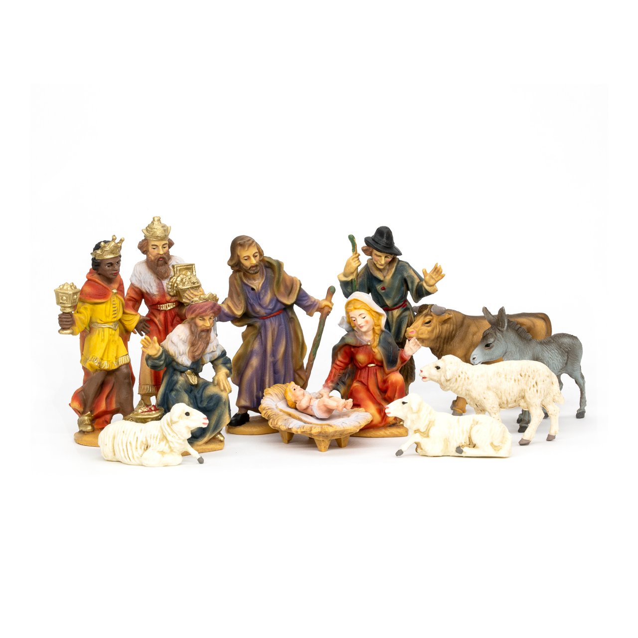 Twelve Piece Hand Painted Resin Nativity Set with Wood Stable by Marolin Manufaktur