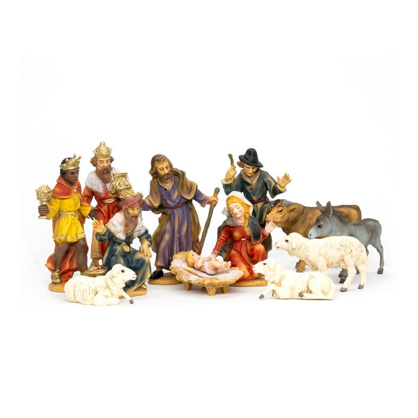 Twelve Piece Hand Painted Resin Nativity Set with Wood Stable by Marolin Manufaktur
