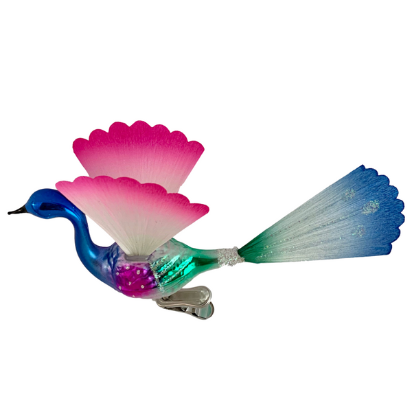 Brilliant Peacock with spun glass wings and tail by Inge Glas of Germany