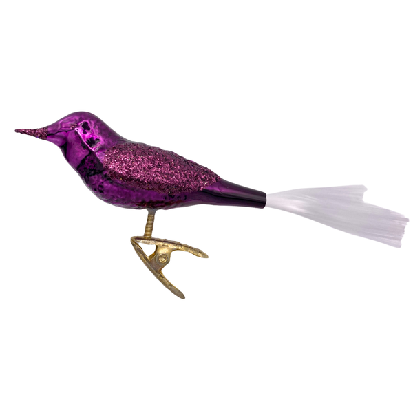Bird with spun glass tail, grape shiny by Inge Glas of Germany