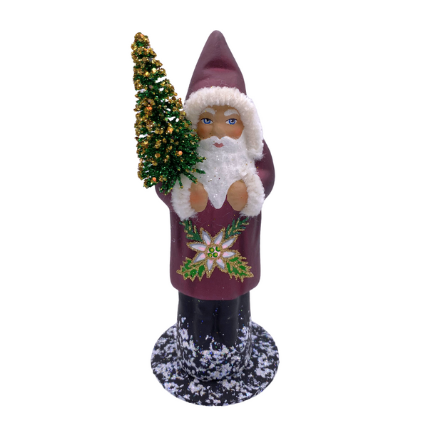 Santa with Bottle Brush Tree, Papier Mache Candy Container, wine with pink poinsettia decor by Ino Schaller