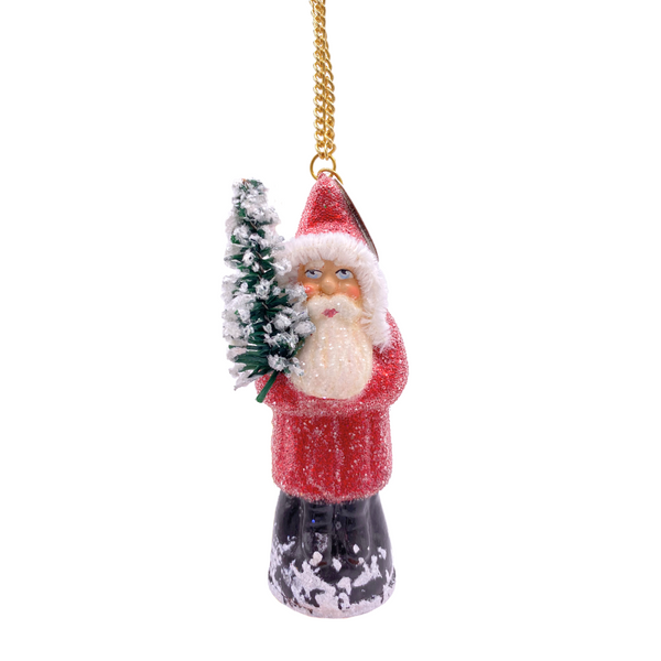 Santa with Tree, Papier Mache Ornament, frosted red with chenille trim by Ino Schaller