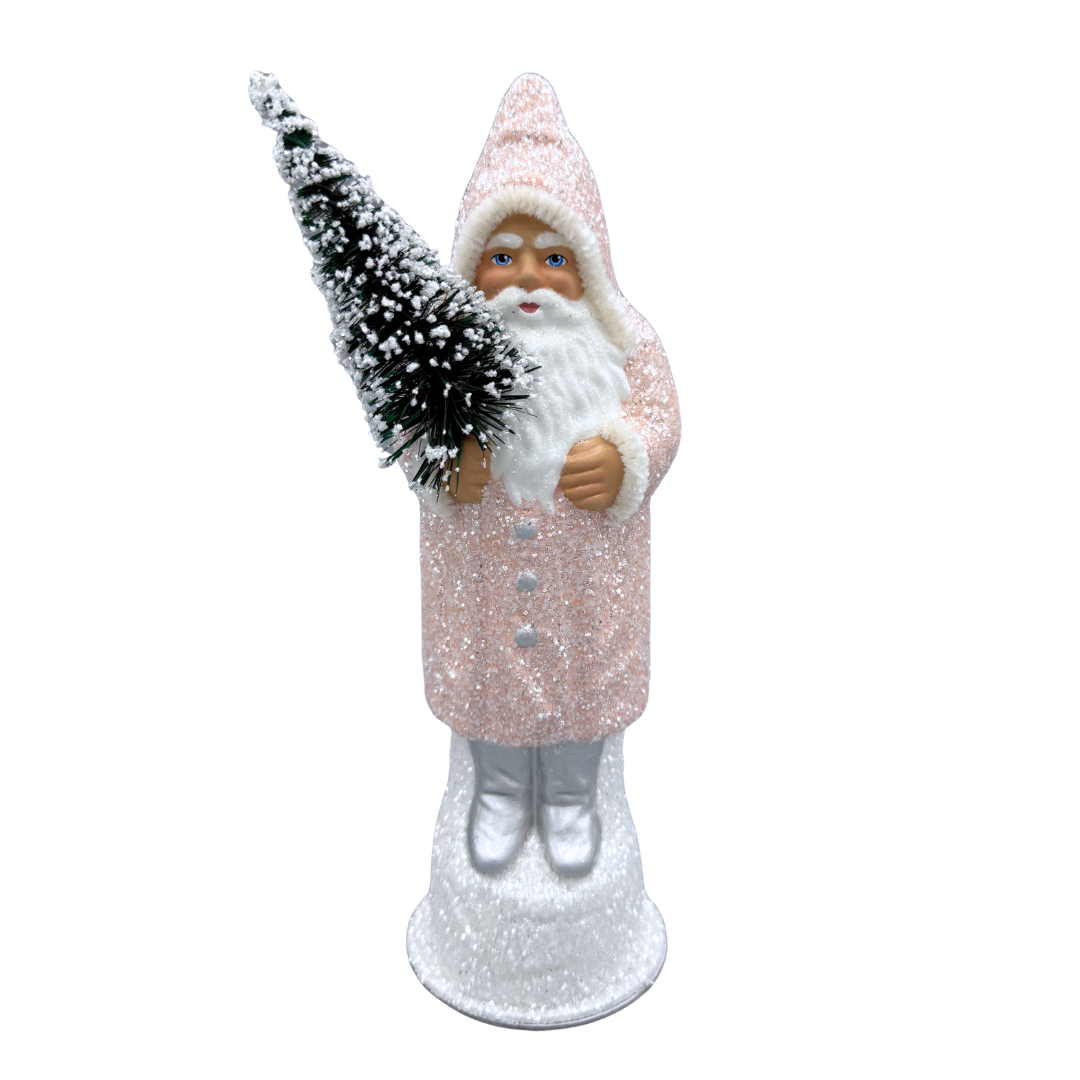 Santa Papier Mache Candy Container with bottle brush tree, pale blush by Ino Schaller