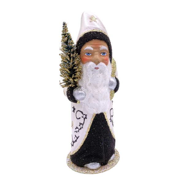 Santa with Bottle Brush Tree, Papier Mache Figure, Ivory Pearl with black and gold by Ino Schaller