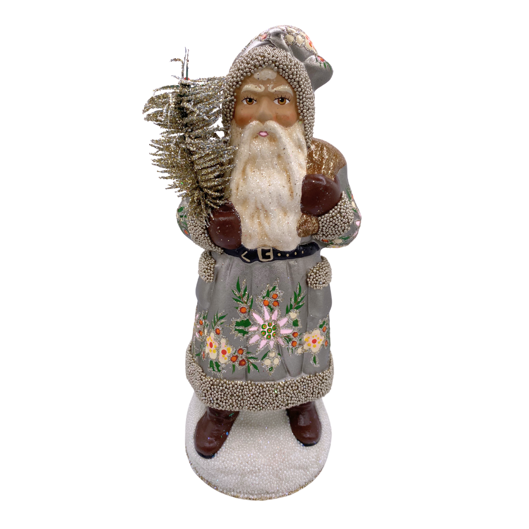 Santa in Belted Coat with Tree, Papier Mache Candy Container, gunmetal grey with flowers by Ino Schaller