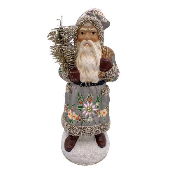 Santa in Belted Coat with Tree, Papier Mache Candy Container, gunmetal grey with flowers by Ino Schaller