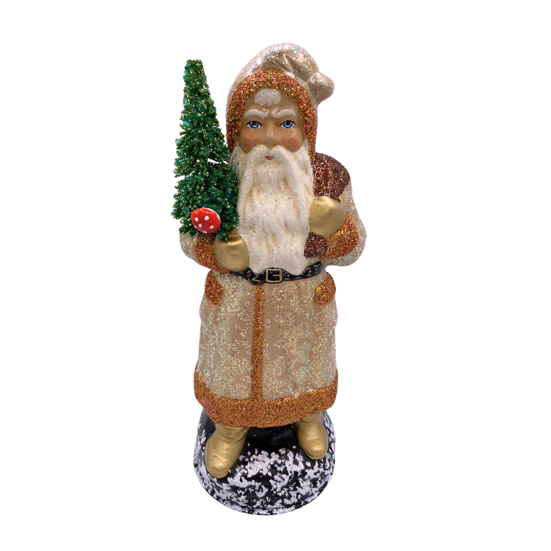 Santa in Belted Coat with Tree, Papier Mache Candy Container, mocha with copper trim and mushroom by Ino Schaller