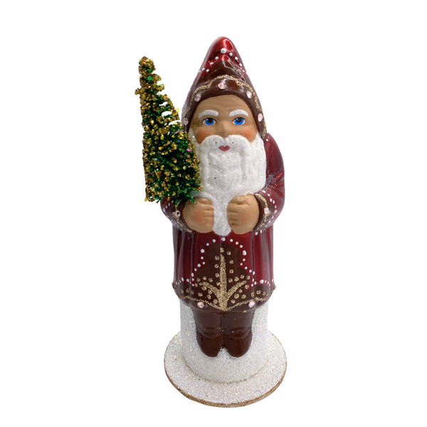 Santa with Bottle Brush Tree, Papier Mache Figure, oxblood with dot and gem decor by Ino Schaller