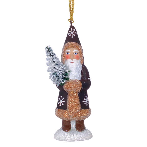 Santa with Tree, Papier Mache Ornament, rosewood by Ino Schaller