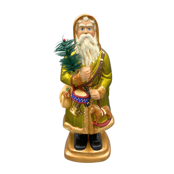 Santa in Belted Coat with Feather Tree, Papier Mache Candy Container, Olive pearl woth toys by Ino Schaller