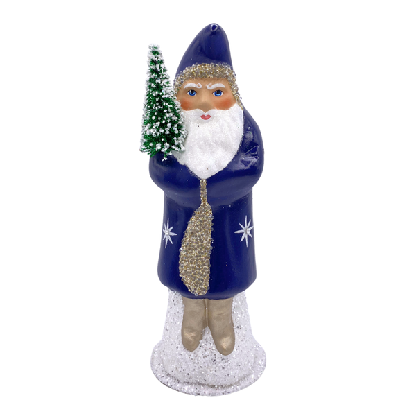 Santa with Bottle Brush Tree, Papier Mache Candy Container, cobalt with star and gem decor by Ino Schaller