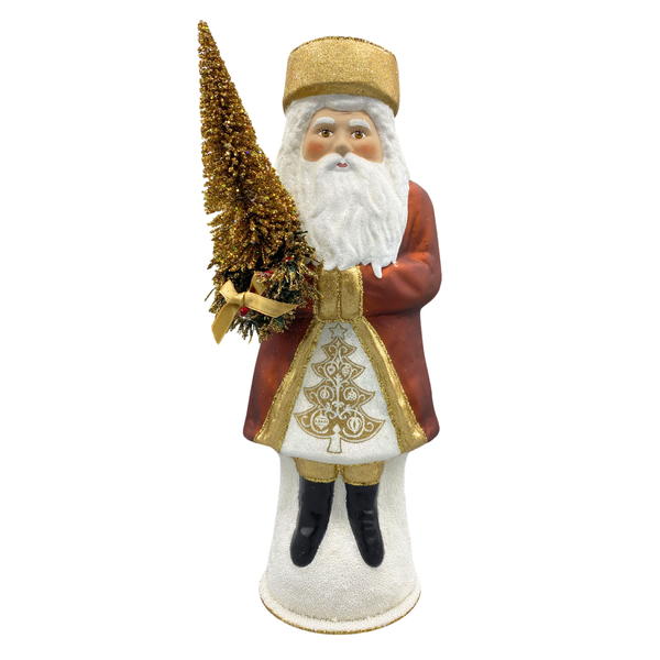 Santa in Russian Hat, Papier Mache Candy Container, copper with ornate gold tree by Ino Schaller