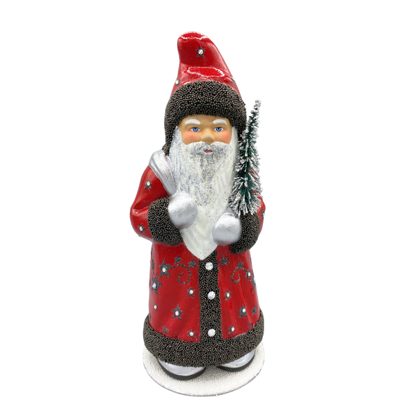 Santa with Tree and Sack, Papier Mache Candy Container, scarlet with black beaded trim by Ino Schaller