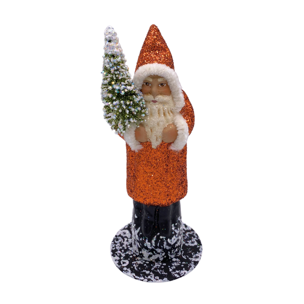 Santa with Bottle Brush Tree, Papier Mache Figure, copper glitter with white chenille trim by Ino Schaller