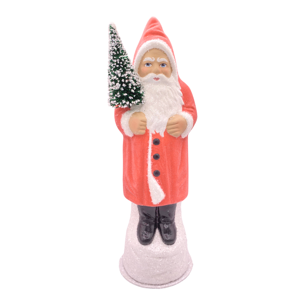 Santa with Bottle Brush Tree, Papier Mache Candy Container, vermillion red frosted by Ino Schaller