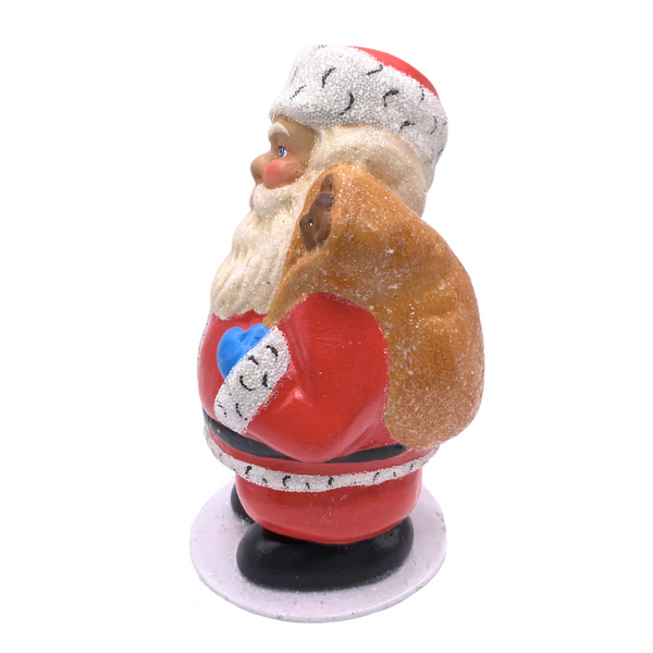 Santa, pudgy with teddy bear, Papier Mache Figure, red with blue gloves by Ino Schaller