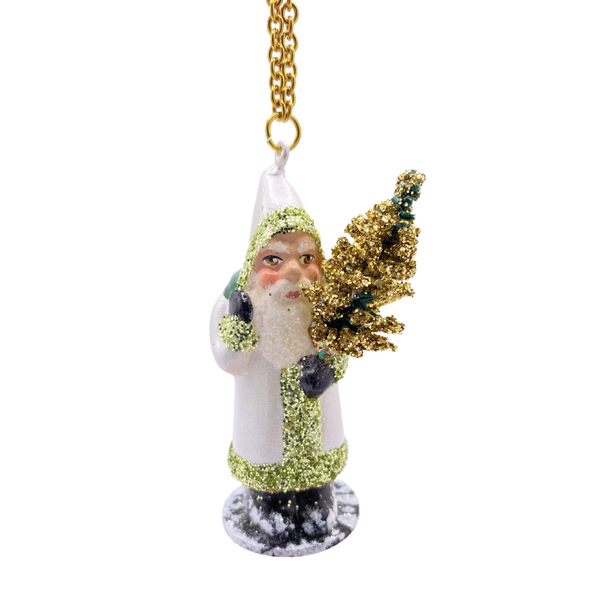 Santa with Tree, Papier Mache Ornament, ivory with light green glitter by Ino Schaller