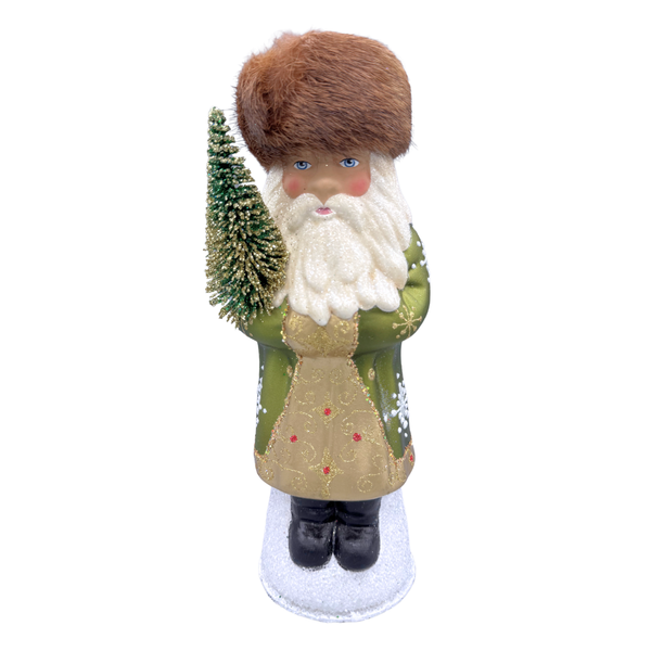 Santa in Russian Hat, Papier Mache Candy Container, olive and gold pearl with snowflakes by Ino Schaller