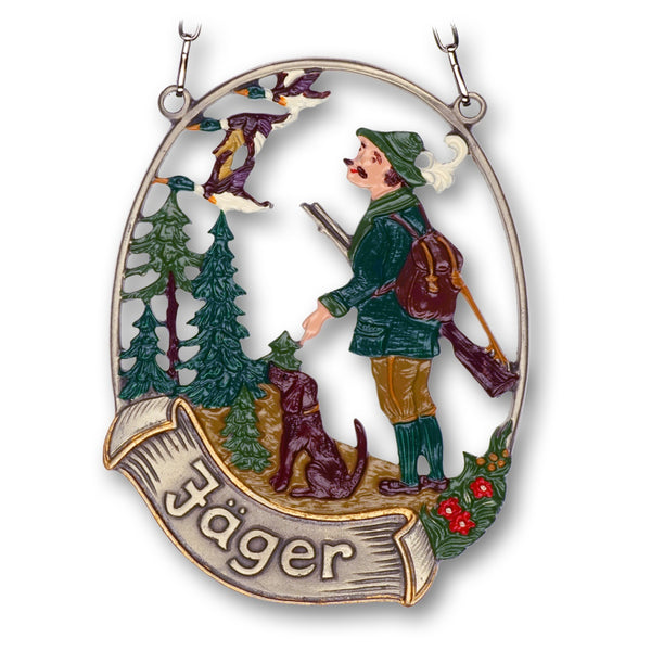 Hanging Hunter with Dog, Painted on One Side Pewter Figurine by Kuehn Pewter