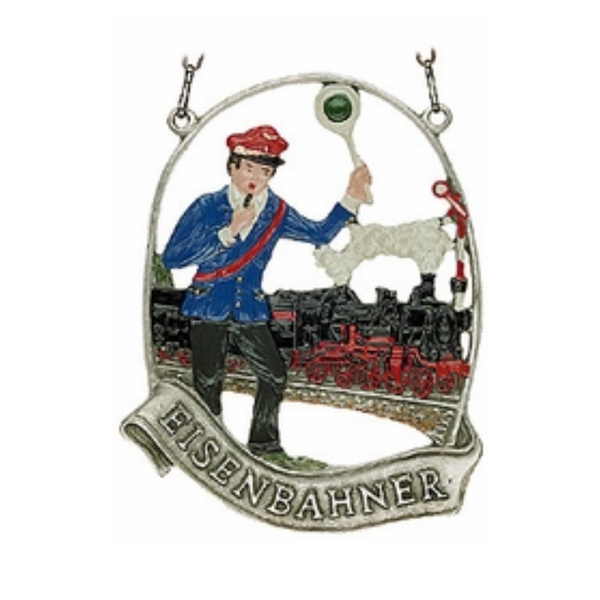 Train and Conductor, Painted on One Side Hanging Pewter Figurine by Kuehn Pewter