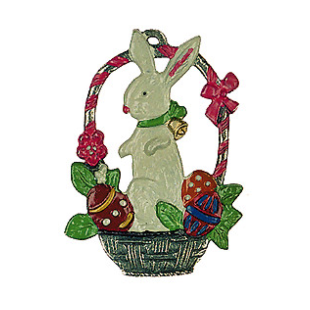 Bunny in Basket, Painted on Both Sides Pewter Ornament by Kuehn Pewter