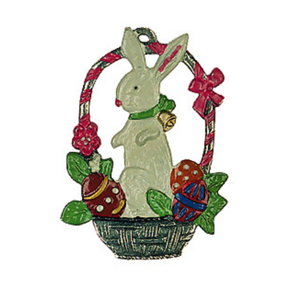 Bunny in Basket, Painted on Both Sides Pewter Ornament by Kuehn Pewter