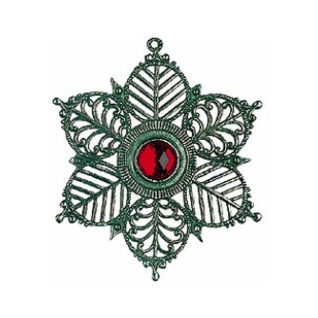 Snowflake with Ruby Colored Center Pewter Ornament by Kuehn Pewter