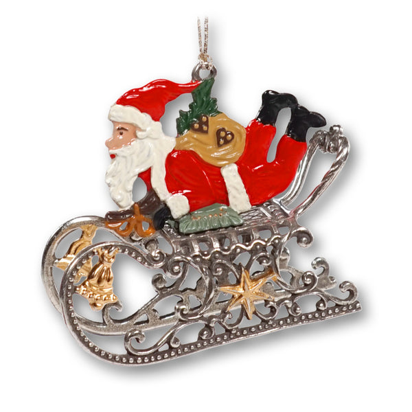 Santa Laying on Sled, Painted on Both Sides Pewter 3D Pewter Ornament by Kuehn Pewter