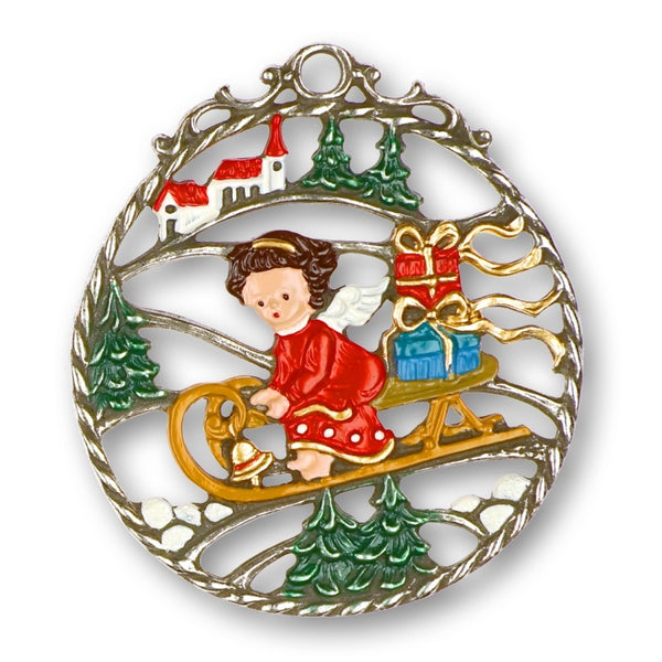 Angel on Sleigh Pewter Ornament by Kuehn Pewter