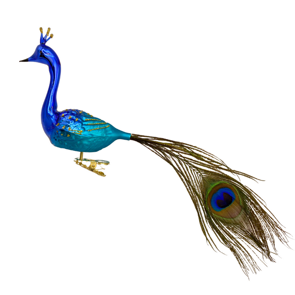 Large Blue Peacock with Flair Crown Ornament by Glas Bartholmes