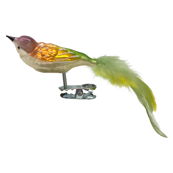 Mini Bird with feather tail, orchid, orange and green by Glas Bartholmes