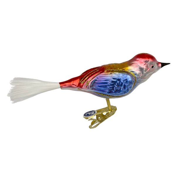 Bird with spun glass tail, red, blue and gold by Glas Bartholmes