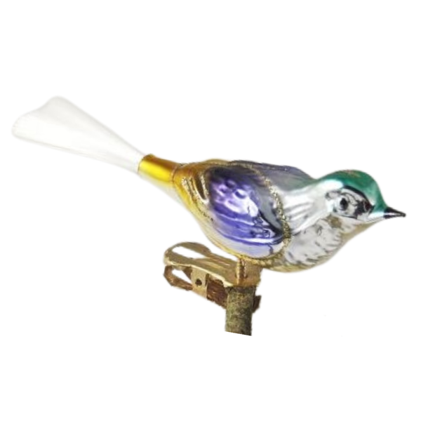 Bird, small long, green, blue and gold by Glas Bartholmes