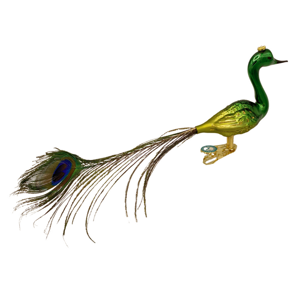 Peacock with crown and real feather, small, green by Glas Bartholmes