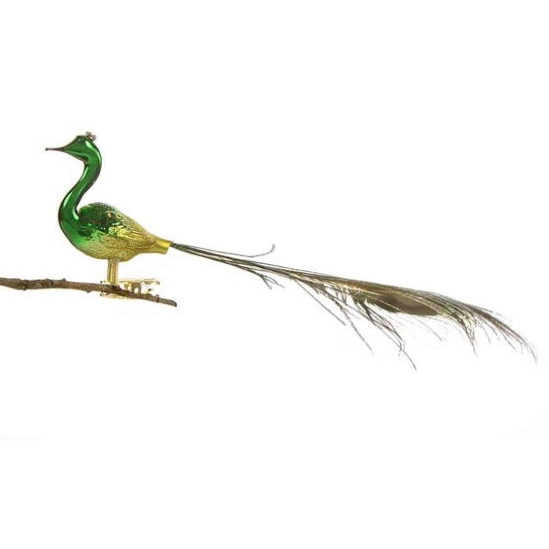 Peacock with crown and real feather, small, green by Glas Bartholmes