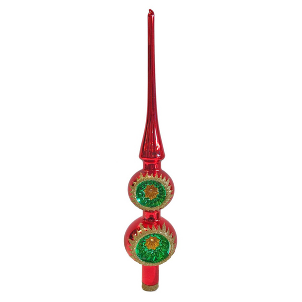 2 Reflector Red Shiny Tree Topper with Gold Glitter by Old German Christmas