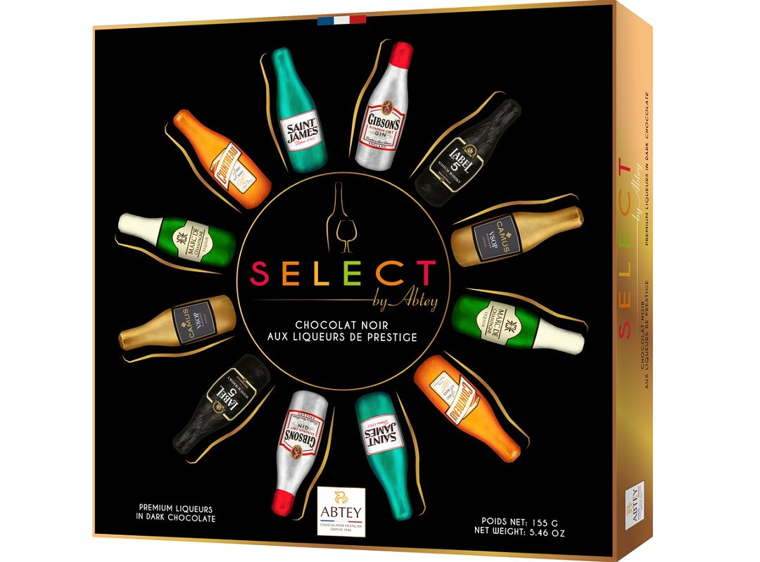Abtey Select Premium Assorted Dark Chocolate Liqueur-Filled Bottles Gin, Cognac, Rum, Marc De Champagne, Cointreau, Scotch Whiskey 12/Pk Box