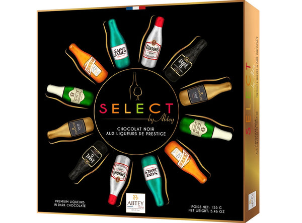 Abtey Select Premium Assorted Dark Chocolate Liqueur-Filled Bottles Gin, Cognac, Rum, Marc De Champagne, Cointreau, Scotch Whiskey 12/Pk Box