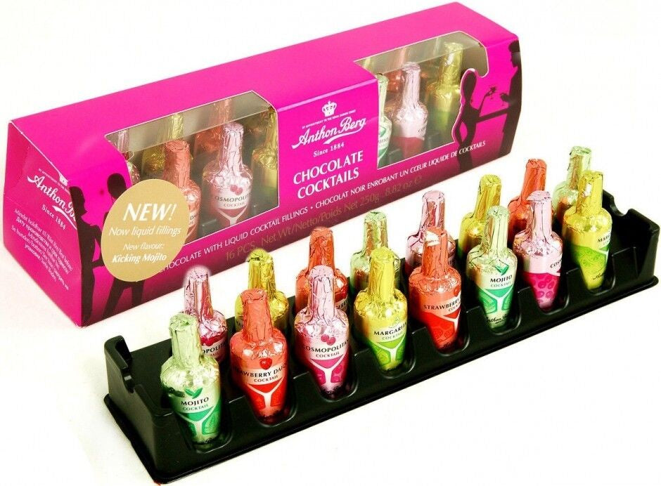 Anthon Berg Dark Chocolate Cocktail-Filled Bottles 16Pk Assortment Box Margarita, Daiquiri, Cosmo, Mojito