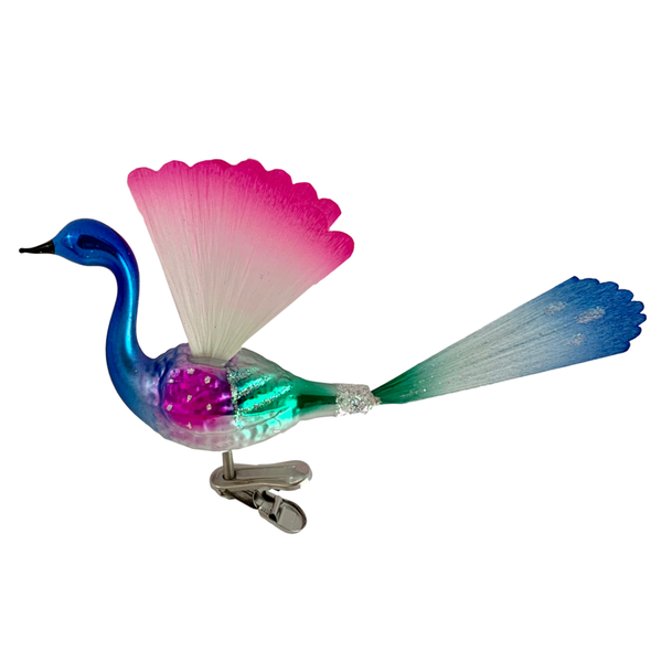 Brilliant Peacock with spun glass wings and tail by Inge Glas of Germany