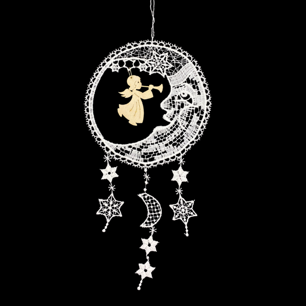 Moon Lace Dangle Ornament with Angel and Horn by StiVoTex Vogel