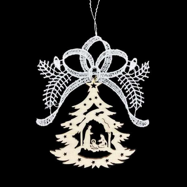 Wood Nativity in Tree with Lace Bow Ornament, by StiVoTex Vogel