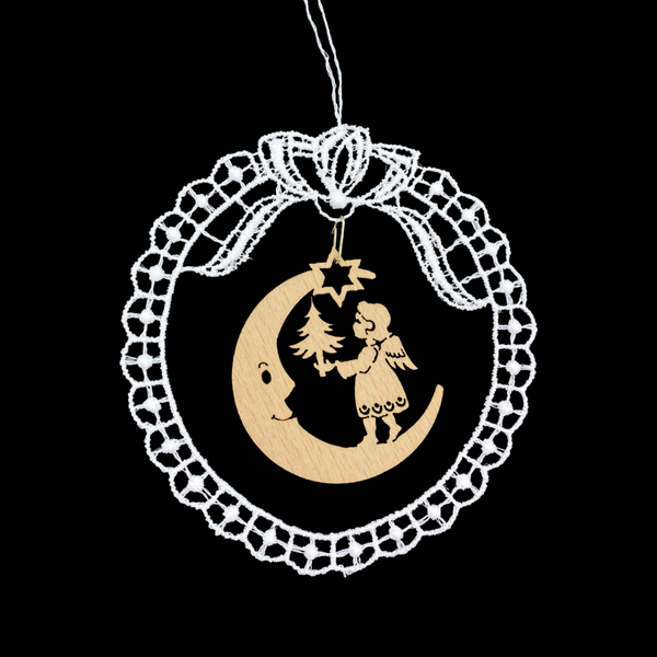 Wood Angel on Moon with Tree in Lace Circle, by StiVoTex Vogel