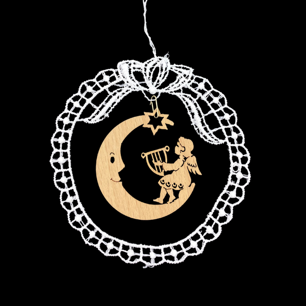 Wood Angel on Moon with Lyre in Lace Circle by StiVoTex Vogel