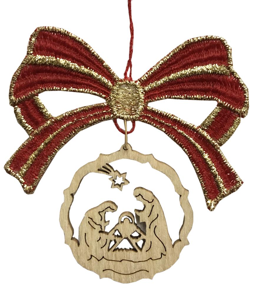 Red Lace Bow with Wood Dangle Ornament by Kunstgewerbe Lenk und Sohn