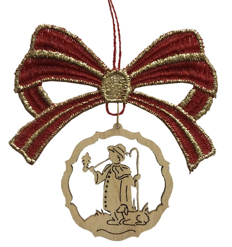 Red Lace Bow with Wood Dangle Ornament by Kunstgewerbe Lenk und Sohn