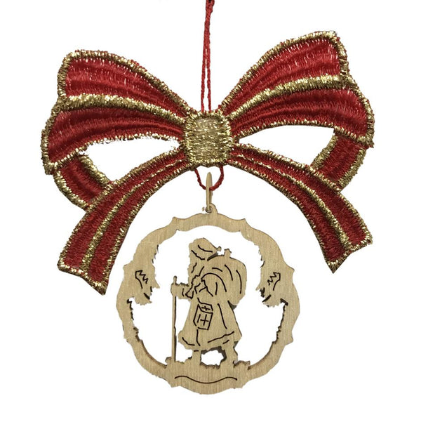 Red Lace Bow with Wood Dangle Ornament by Kunstgewerbe Lenk und Sohn