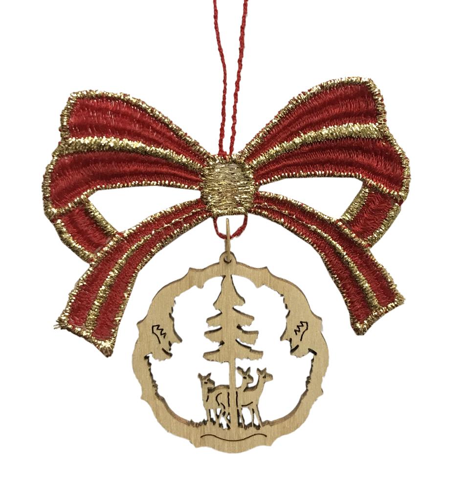 Red Lace Bow with Wood Dangle Ornament by Kunstgewerbe Lenk und Sohn