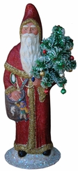 Santa in Cloak with tree, Papier Mache Candy Container, red with gold trim by Ino Schaller